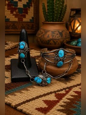 Navajo Native American Sterling Silver Turquoise 7 5/8" Cuff Ring Slave Bracelet